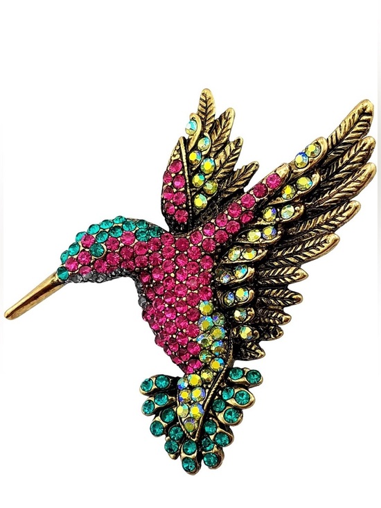 Jewelry - Vintage-Style Hummingbird Crystal Brooch - Pink & Teal